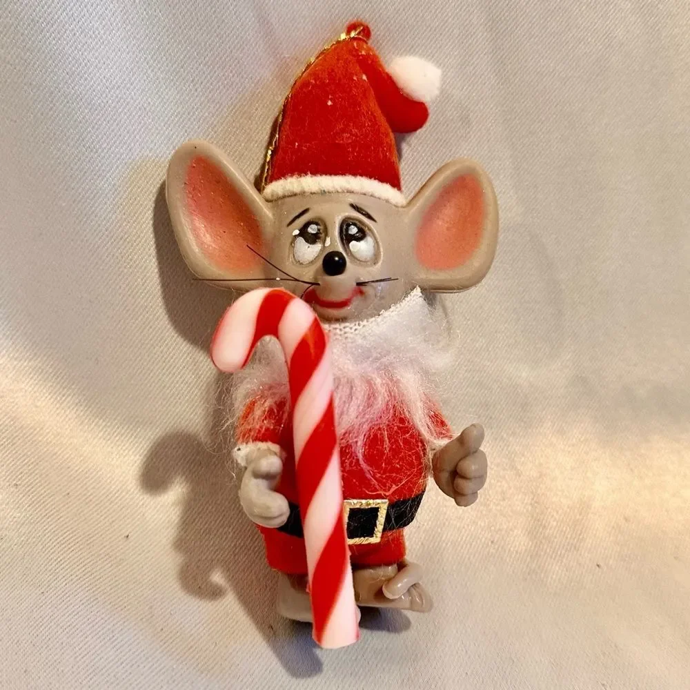 Vintage Christmas Mouse Ornament with Candy Cane Flocked Santa Suit 4”H